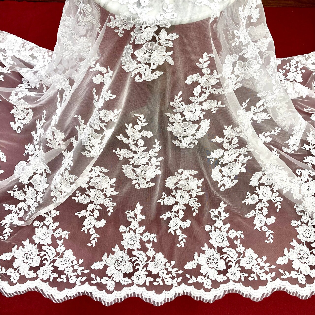 1 Yard Luxurious Corded Bridal Lace Fabric Embroidered on 100% Polyester Net Mesh – Silver – 54"